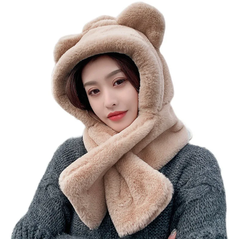 

2021 new women's all-in-one bib hat thickened warmth imitation rabbit down cap cute bear ears windproof plush cap
