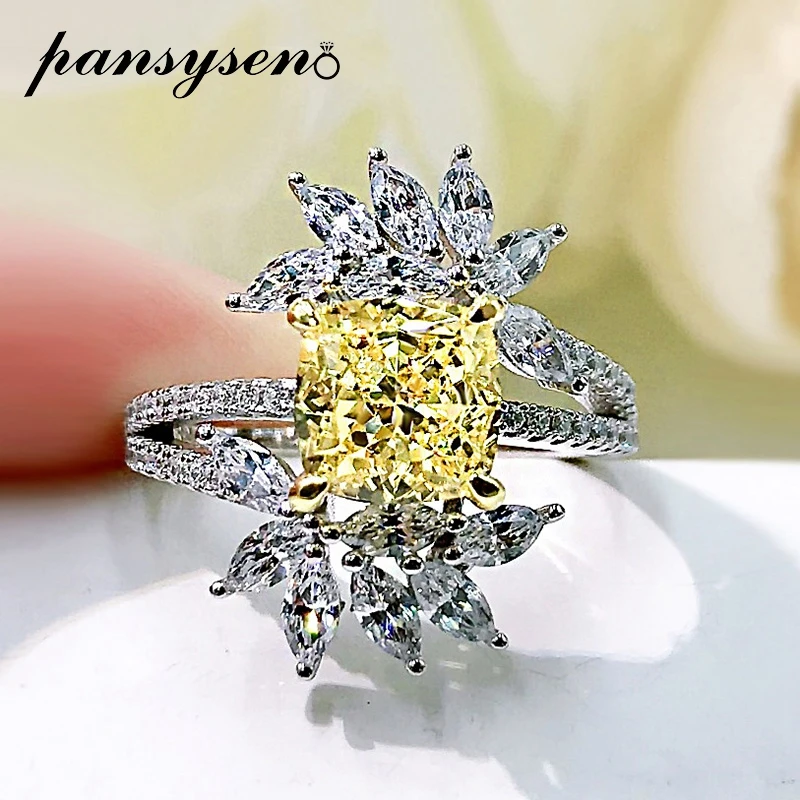 

PANSYSEN 100% 925 Sterling Silver Citrine Simulated Moissanite Gemstone Rings Girls Wedding Engagement Ring Luxury Fine Jewelry