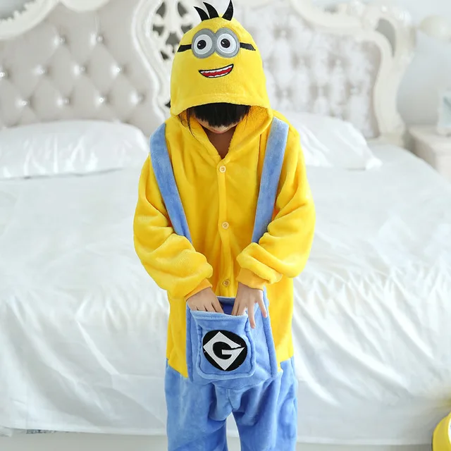 Minions Детские пижамы кигуруми в виде единорога, фланелевые пижамы в виде животных, комбинезон в виде единорога, на всю зиму, супер мягкая ночная рубашка, пижамы, одежда для сна - Цвет: Minions