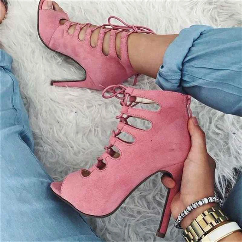 

Sexy Lace Up Hollow Ankle Bootie Peep Toe Gladiator Stiletto High Vamp Sandals Woman Dress Runway Flock Summer Boots