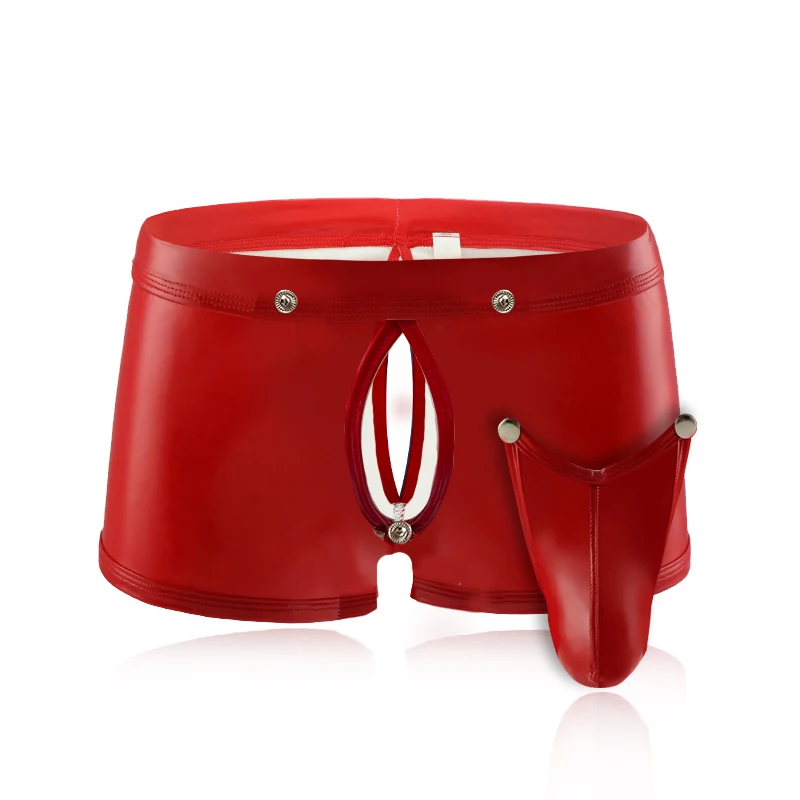 Мужские трусы боксеры AIIOU черные из искусственной кожи с открытой промежностью