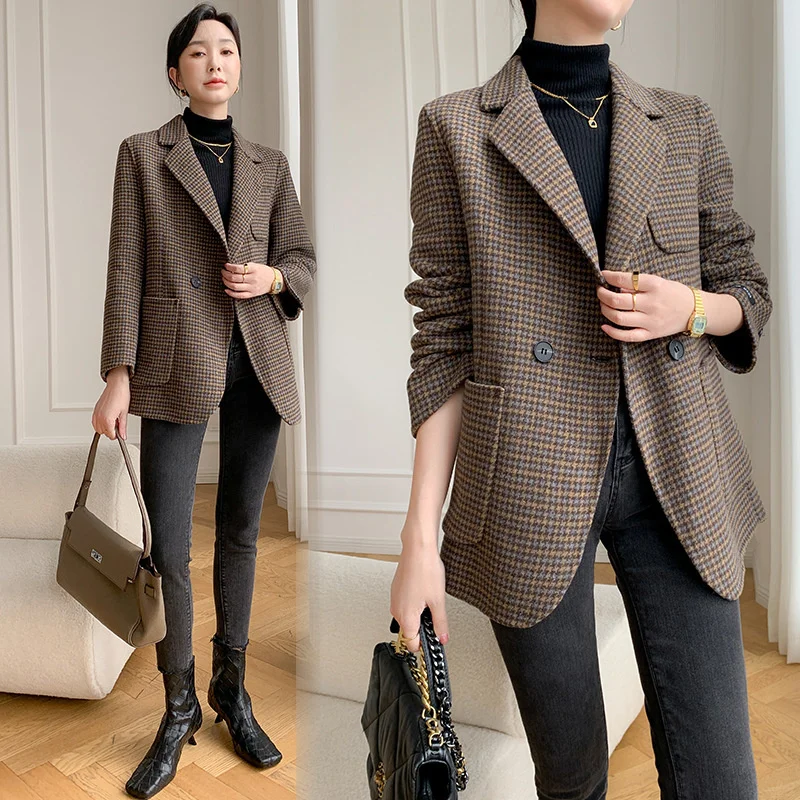 

Qianniao grid wool coat women's middle long 2021 autumn new small versatile temperament woolen suit coat