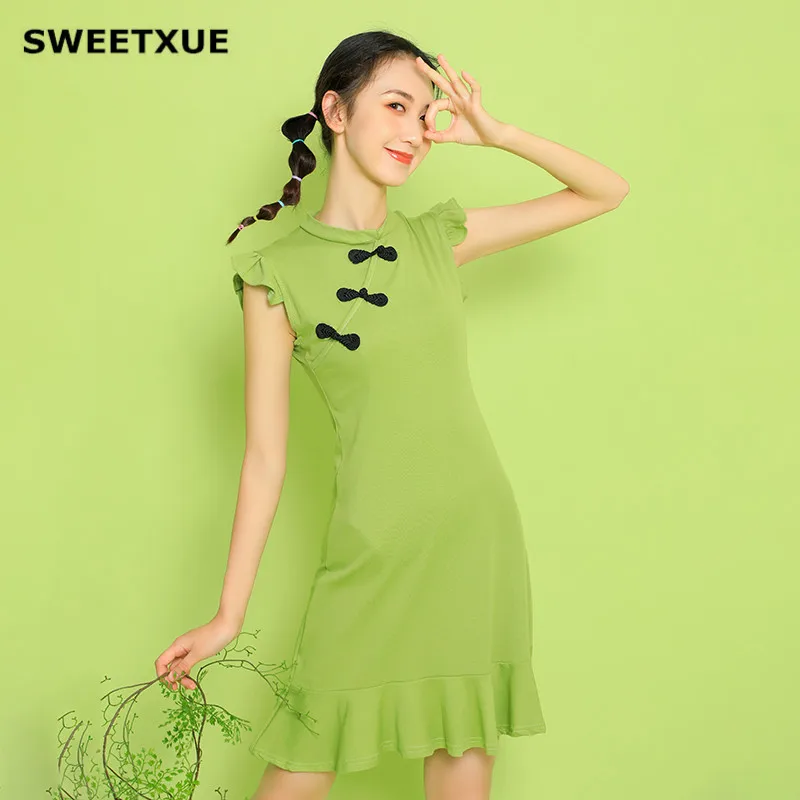 SWEETXUE женское современное платье для девочек ежедневное улучшение чонсам зеленое