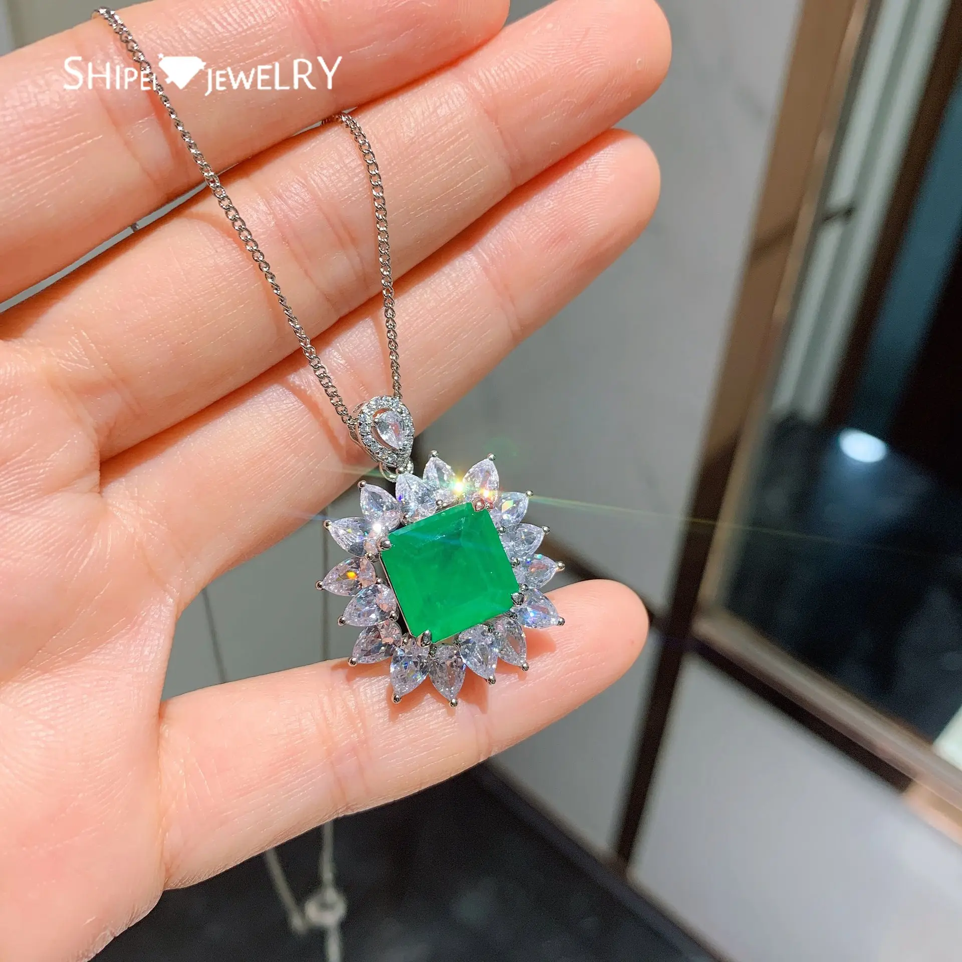 

Shipei Luxury 925 Sterling Silver Emerald Paraiba Tourmaline Greated Moissanite Gemstone Wedding Fine Jewelry Pendant Necklace