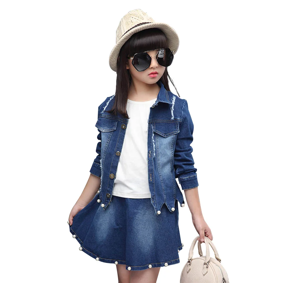 Детская одежда джинсовая куртка с дырками + юбка костюм из 2 предметов для девочек