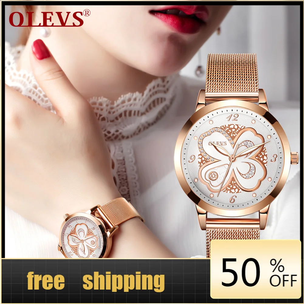 

OLEVS women's watch simple ultra thin quartz watch waterproof fashion lucky clover Diamond Rose Gold Watch Stainless Steel Watch