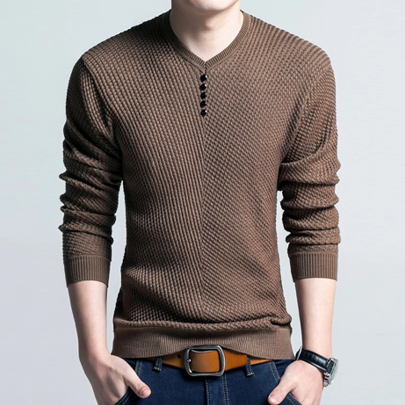 

2020 Winter Sweater For Mens Pullover O-Neck Slim Base Buttons Jumpers Knitted Pullover Solid Color Casual Mens Clothes