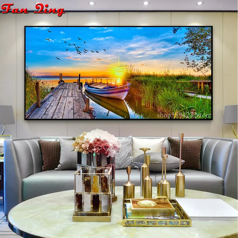 Алмазная 5D Вышивка сделай сам картина с изображением озера заката деревянного