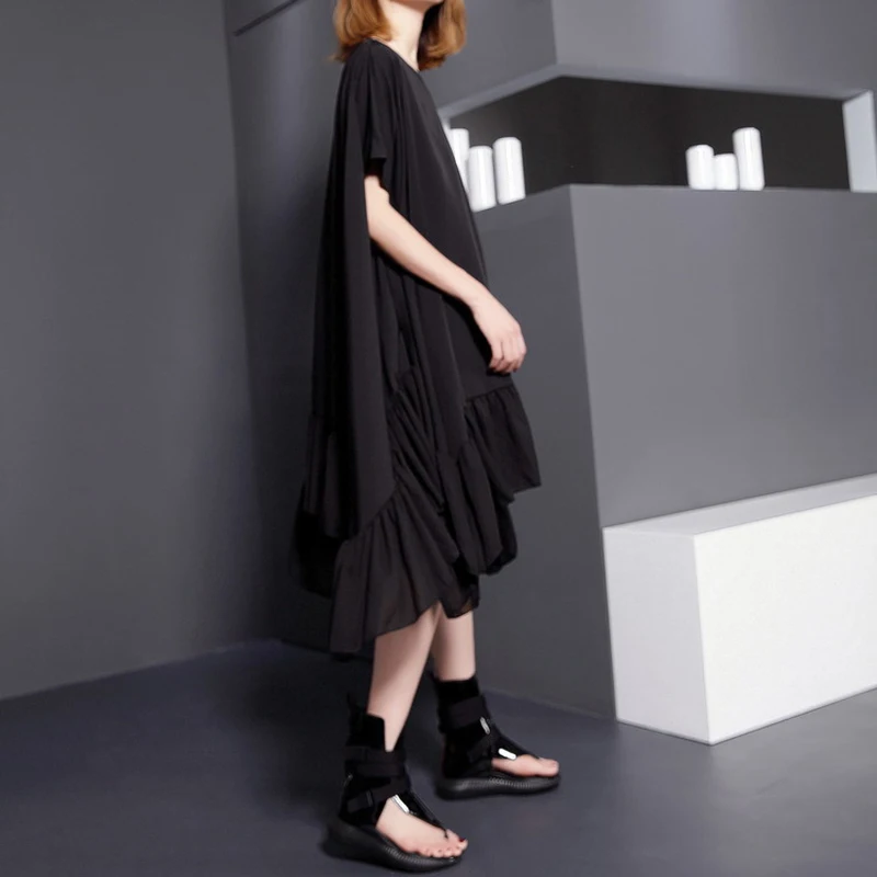 [EAM] new summer autumn round neck short sleeve solid color black split joint loose big size dress women fashion tide 446