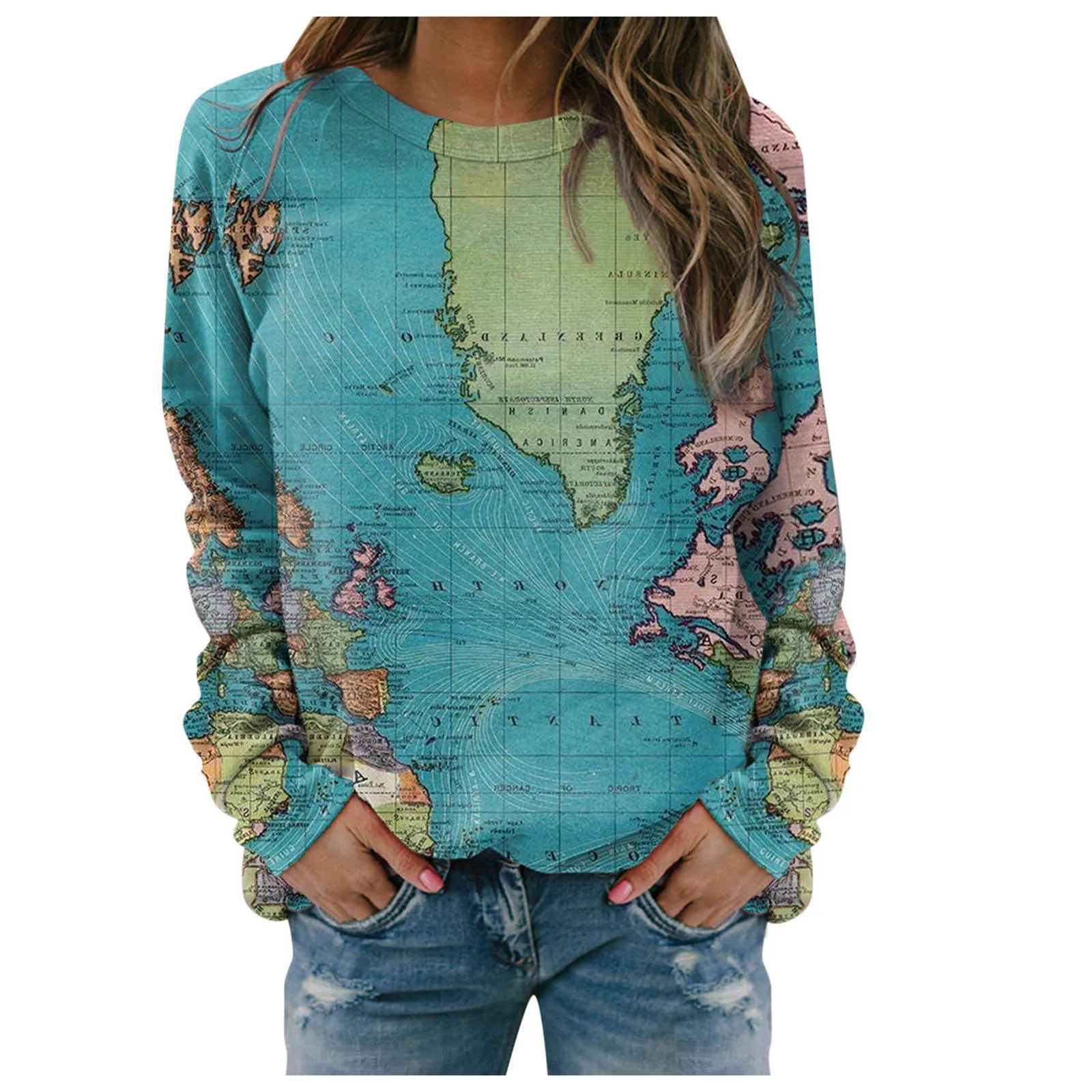 Женские толстовки с принтом карты мира винтажный свитшот круглым вырезом и