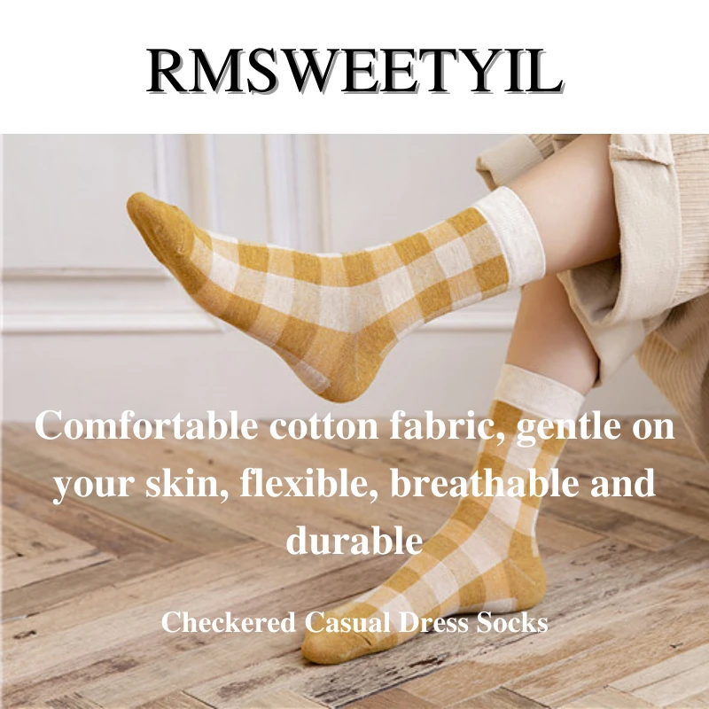 RMSWEETYIL Women Plaid Checkered Dress Socks Colorful Geometric Gingham Cute Novelty Casual Thin Cotton Knit Ladies Crew Sock | Женская