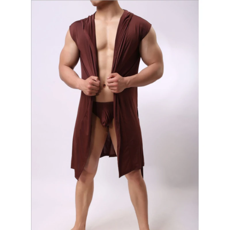 

Men Summer Dress Bath Robe Casual Sleeveless Hooded Pajamas Solid Color Sleepwear Fashion Nightgown Robe Bathrobe Polyester