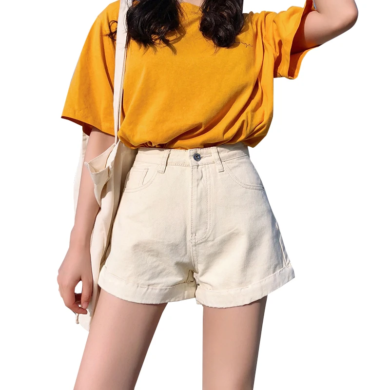 

Aurkrrvn Loose Aline Jean Shorts Female Solid Casual Roll Up Hem Oversize High Waist Shorts Denim Wide Leg Summer Shorts Woman