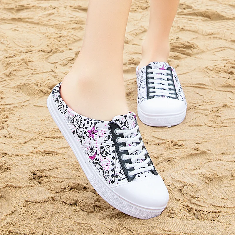 

Flat Sneakers Women Ripped Shoes Women's Breathable Half Canvas Skate Beach Slippers Personality Graffiti Summer Flat Slippers
