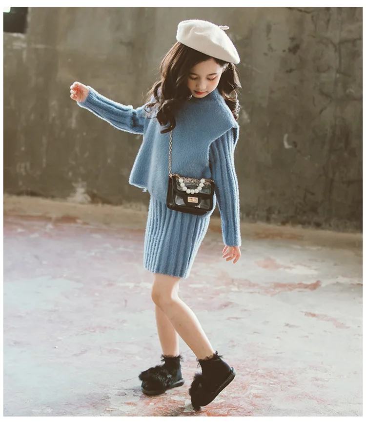 Girls Clothing set Winter Faux-wool Thick Warm Knitted Vest Dress Suit Children Costume Kids Tracksuit 8 10 Years Girls Clothes