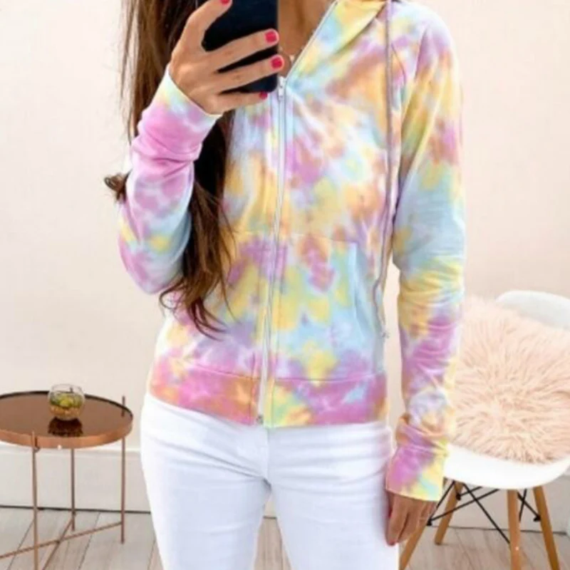 

Women Casual Tie Dye Coats Outwear Tops Loose Hoodies Sweatshirts Long sleeve Jackets Painted colorful Zipper Clothes Female