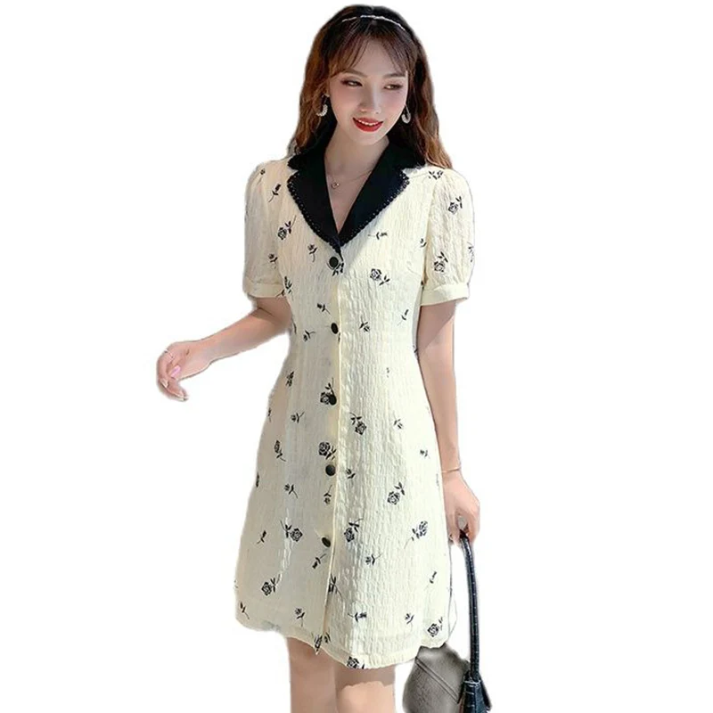 

French retro short-sleeved elegant dress women 2021 summer lapel printed midi skirt women women's clothing