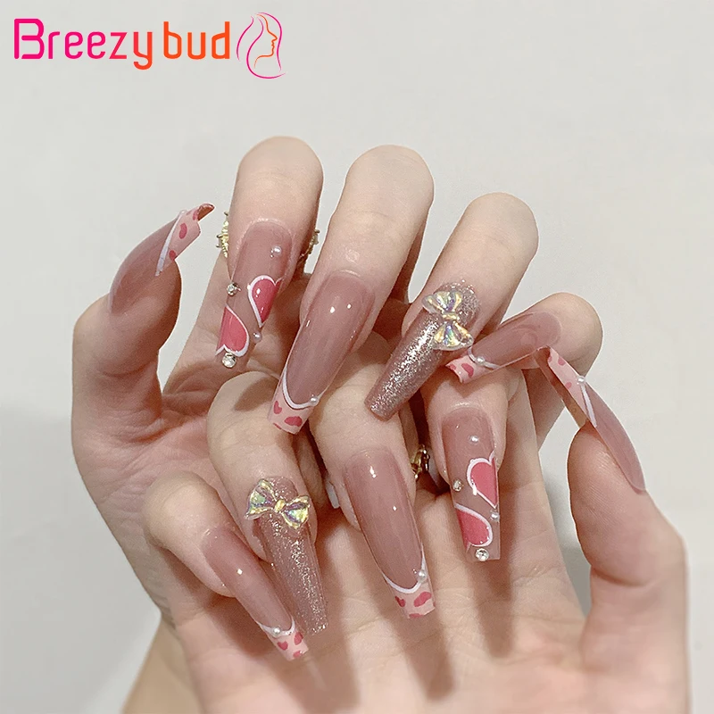 

Pink Heart French Fake Nails Long Ballerina False Nails Checkerboard Nail Tips with Glue Bow Press On Nails for Pretty Girls