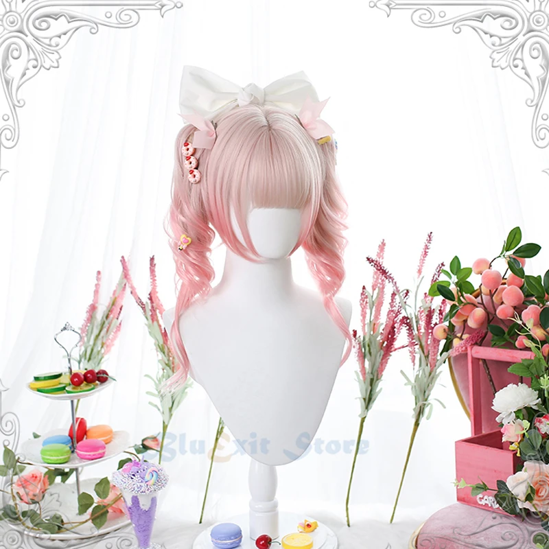 

Gradient Light Pink Harajuku Wig Fairy Long Curly Pigtails Sweet Bangs Korean Japanese Girls Cosplay Brown Red Accessories