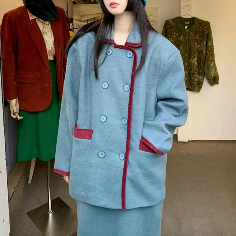 

Contrast Wool Coat Winter Lazy Style Leisure Suit High Waist Skirt Two Piece Set Women