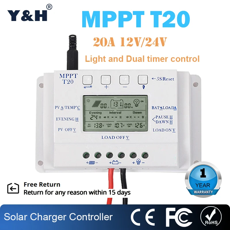 20A со слежением за максимальной точкой мощности 12V/24V солнечных батарей Батарея