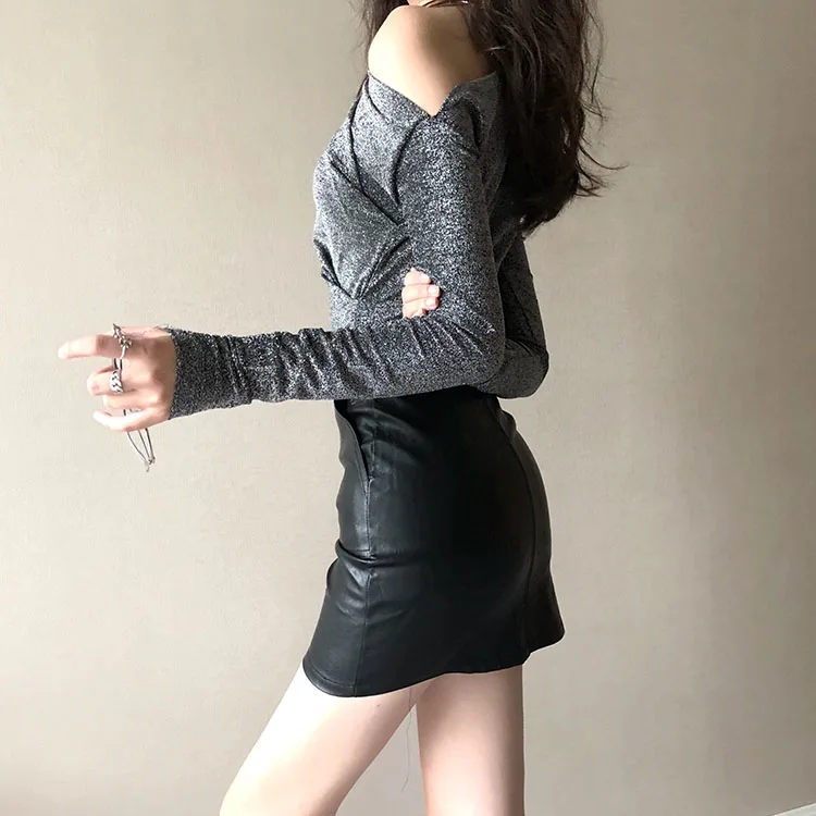 

Sexy Off Shoulder Skew Collar Blingbling Tops Autumn Style Long Sleeve T Shirts Women Fashion Brand Ladies Tees Camisetas Mujer