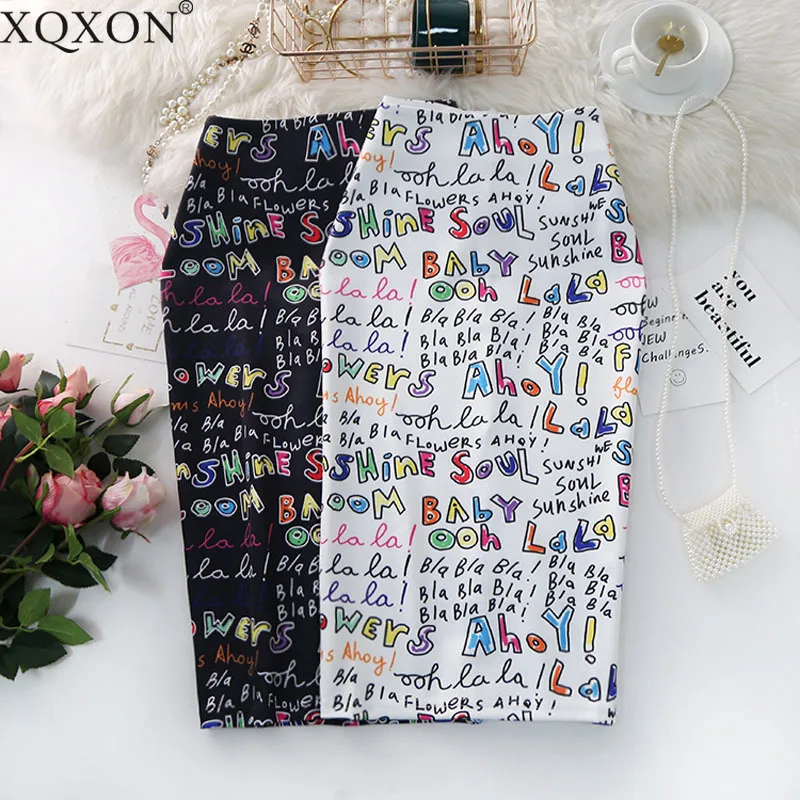 

Women's Pencil Skirts letters Printed Graphic Summer Autumn High Waist Slit Tube faldas Woman Stretch Skirt Female