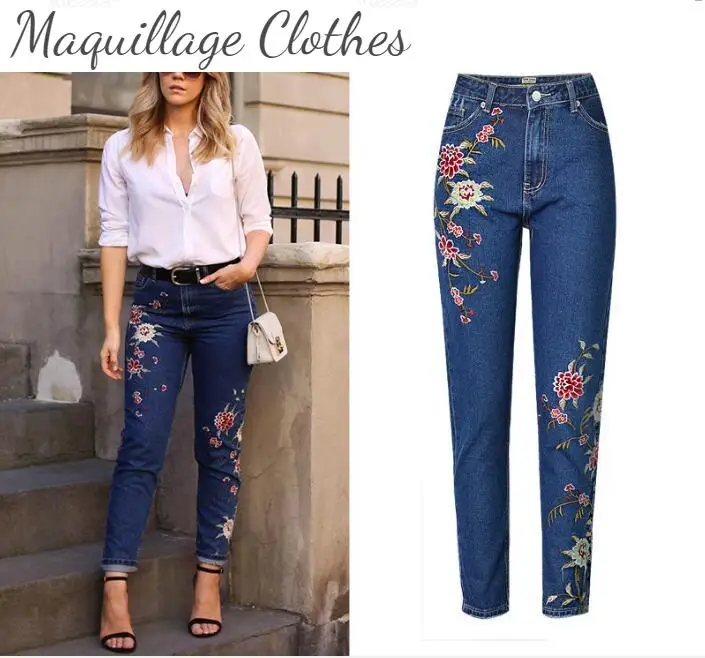 

Модные женские джинсы с завышенной талией и цветочной вышивкой, шикарные облегающие брюки-карандаш в европейском стиле, девятые джинсовые ...