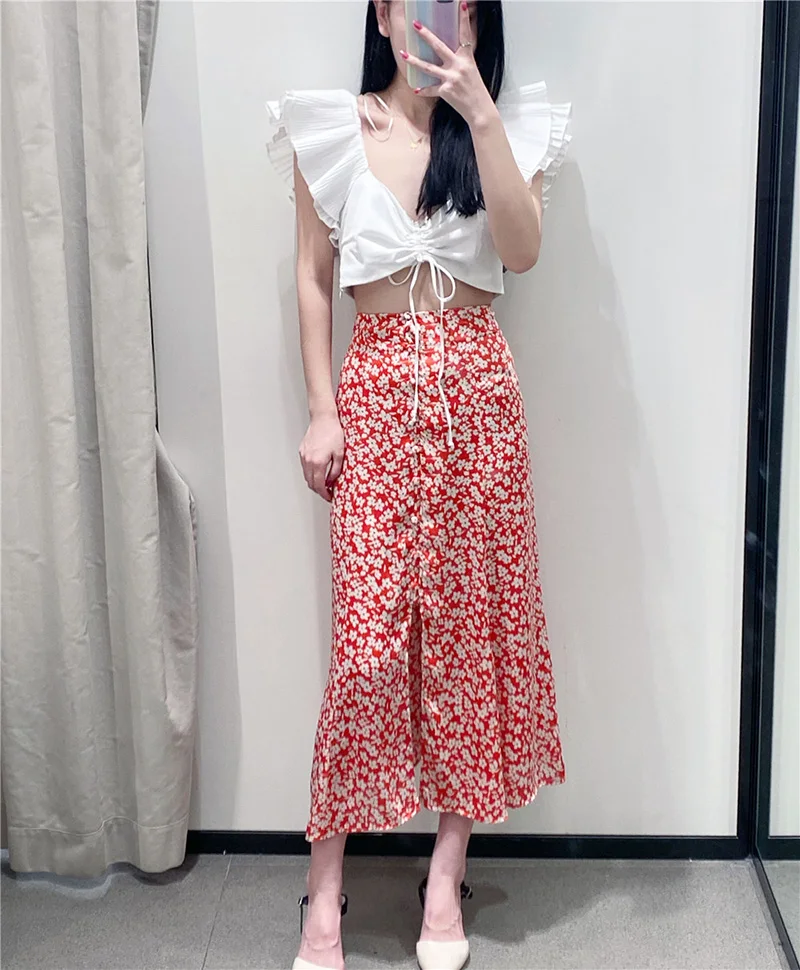 Женская Повседневная юбка миди za красная свободная однобортная с драпировкой и