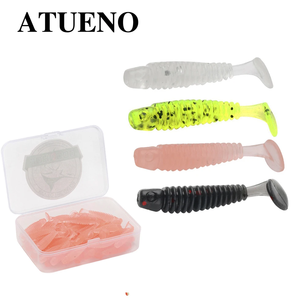 

ATUENO 50pcs Soft Bait T Tail Lures 35mm 0.7g Shad Fishing Artificial Lures Silicone Bass Pike Minnow Swimbait Trout Lure