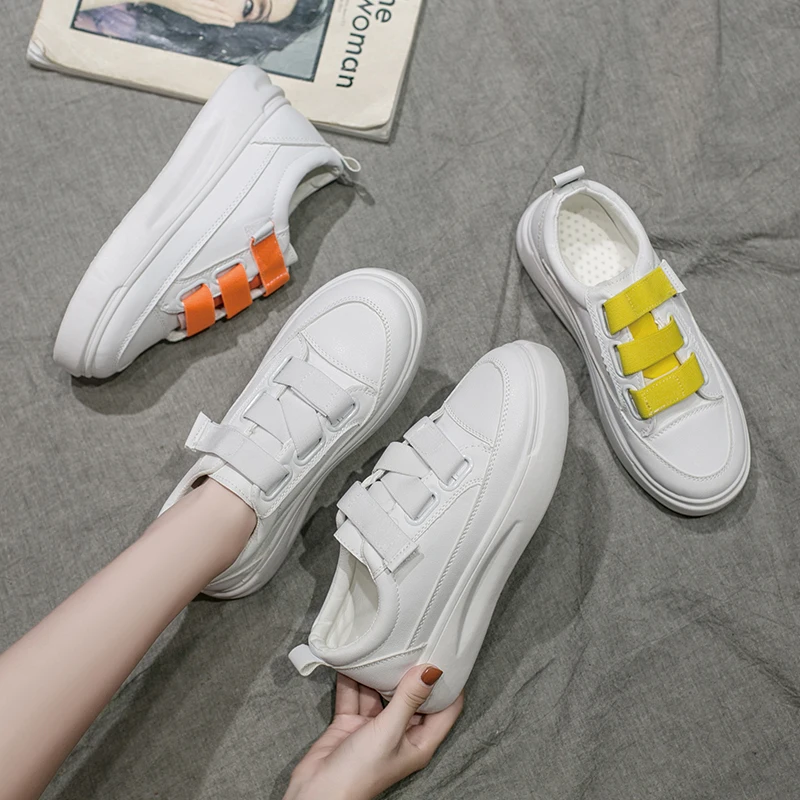 

Кроссовки женские из ПУ кожи, Повседневная дышащая обувь, плоская подошва, белые, весна-осень 2019