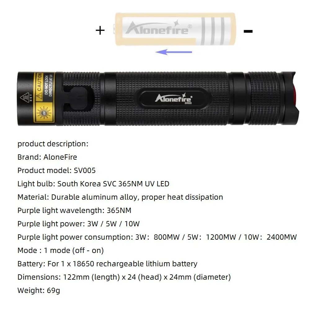 Фонарик AloneFire SV005 УФ светодиодный невидимый фонарь 365 нм для обнаружения пятен