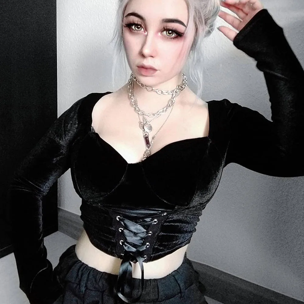 

Rosetic Gothic Sexy Vintage Velvet T Shirt Women Lace Up Slim Navel Bandage Elegant Tops Long Sleeve Autumn Winter Tshirts 2021