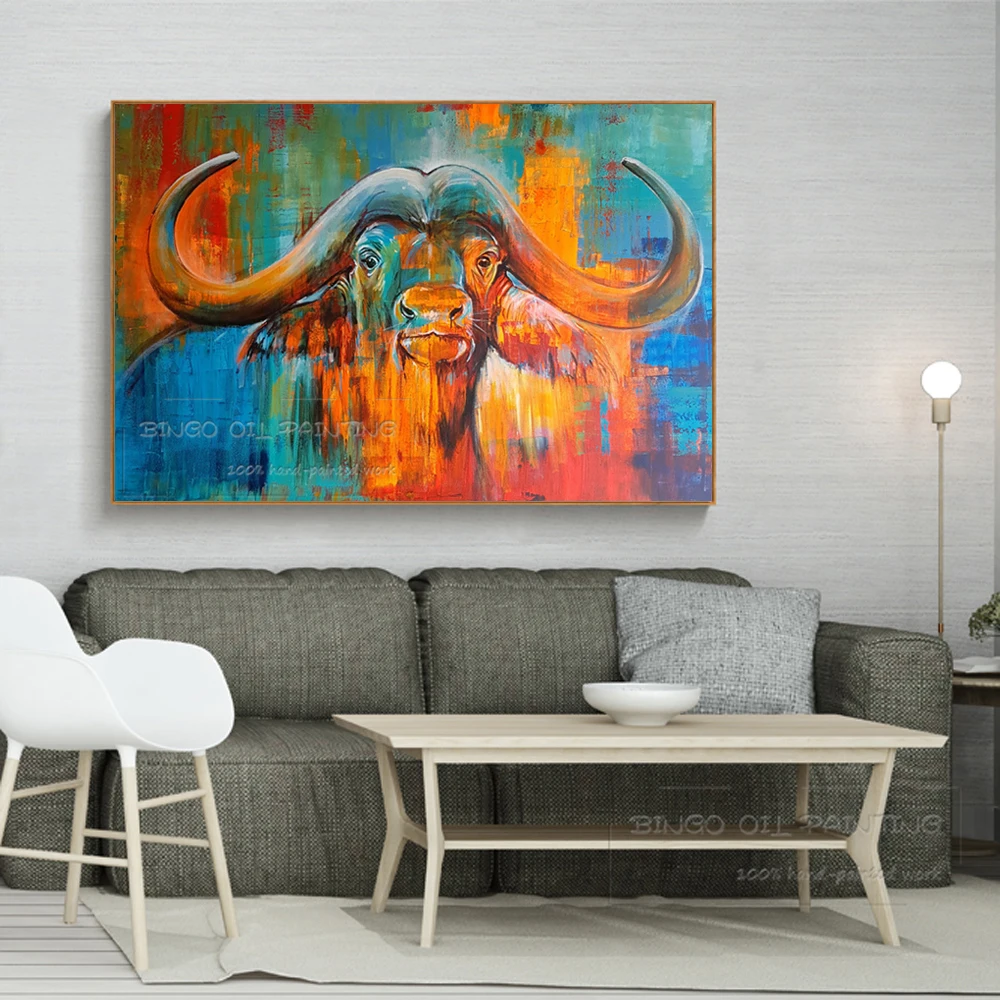 Модное настенное Искусство Ручная роспись животных буйвол масляная живопись на