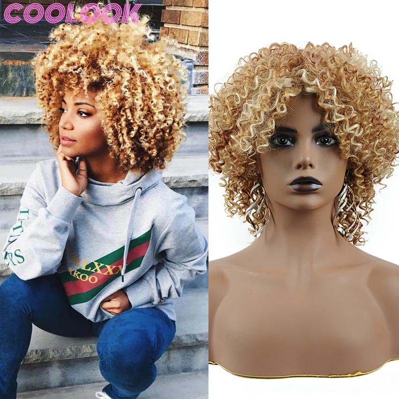 

Blonde Highlight Afro Kinky Curly Wig Female Short Curls Bob Cut Wig Synthetic Ombre Shoulder Length Women's Wig Peruca Cosplays
