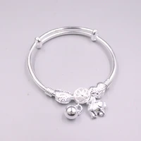 real s999 fine silver 999 bangle hanging elephant glossy bells romantic heart bracelet woman gift 26 28g