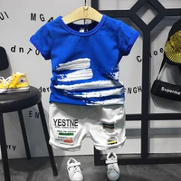2pcs boys fashion clothing set kids summer blue t shirt and white ripped short set baby casual clothes children 2 7 years