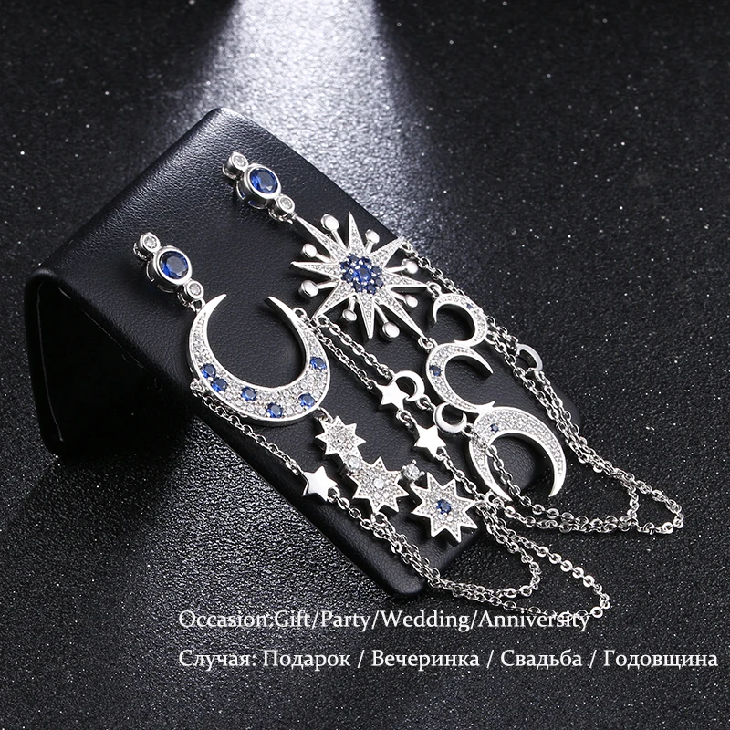 LXOEN Romantic Luxury Moon Star Drop Earrings For Women Bohimian Beaded Blue CZ White Gold color Earing Bijoux E359 | Украшения и
