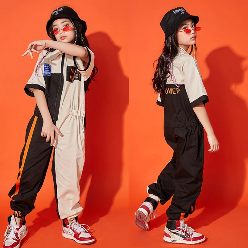 

]Kids Cool Short Sleeve Hip Hop Clothing Loose Khaki Jumpsuit Overalls for Girls Boys Jazz Dance Costume Ballroom Dancing Clothe