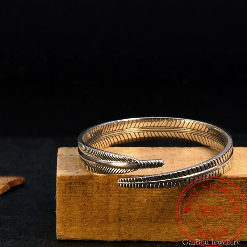 

Fashion 925 Sterling Silver Woman Cuff Bracelet Feather Adjustable Vintage Bangle Girls Wedding Jewelry Gifts