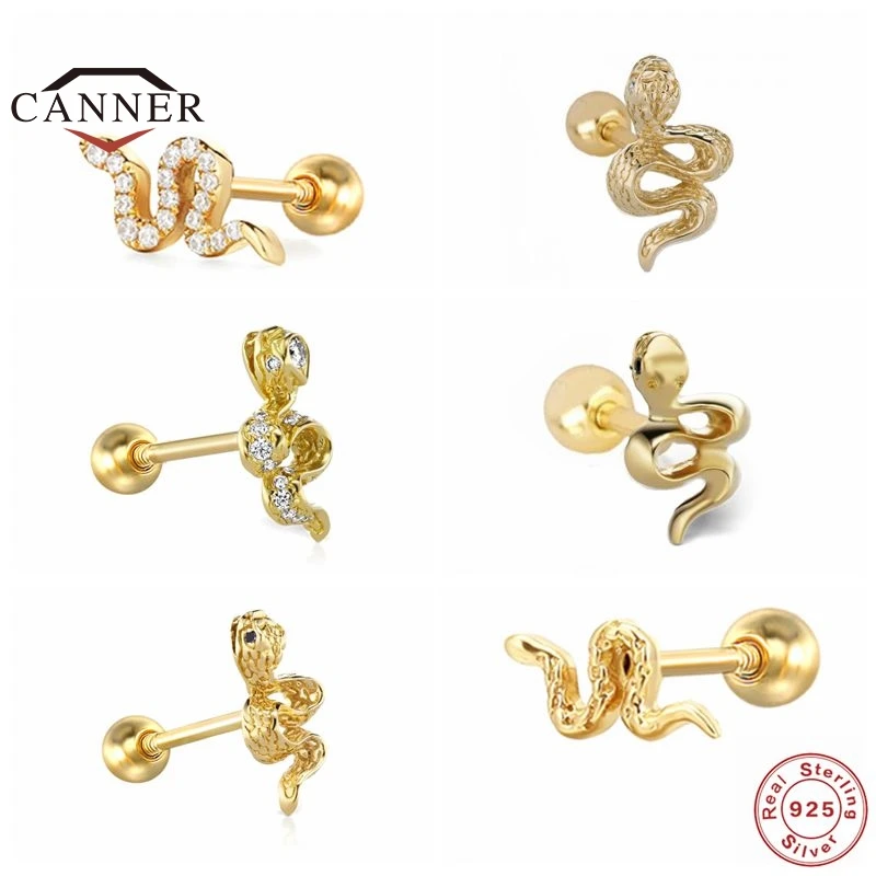 

CANNER 1piece 925 Sterling Silver Small Snake Zircon Stud Earrings For Women Mini Piercing Earring 925 Silver Jewelry Pendientes