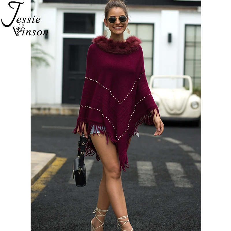 Jessie Vinson Warm Fur Collar Tassels Beading Pullover Sweater Women Winter Elegant Cape Autumn Knitted Cloak Knitwear | Женская одежда