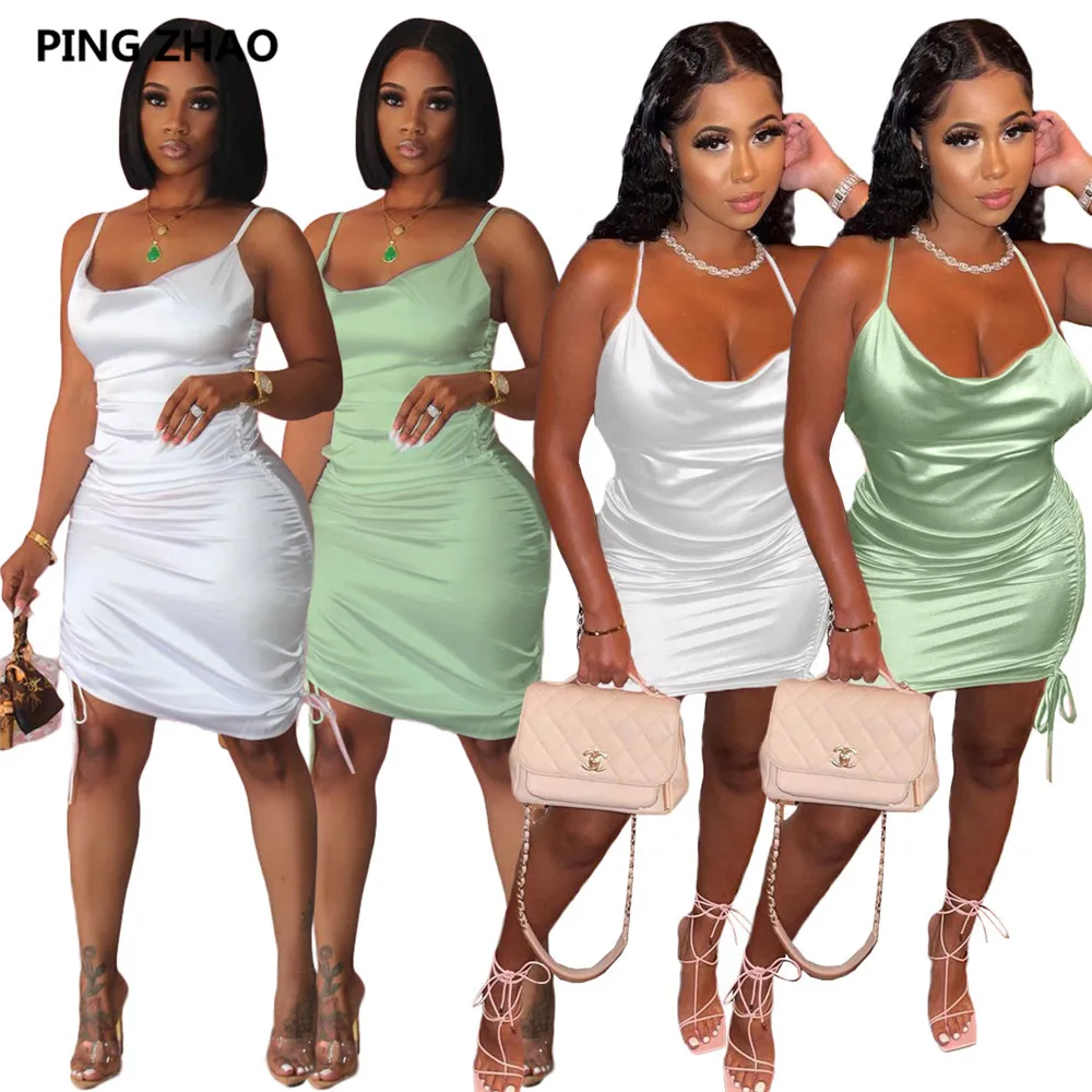 

PING ZHAO Women Spaghetti Strap Sleevelesss Tie Up Ruched Bodycon Midi Dress Sexy Drawsting Stacked Pencil Dresses
