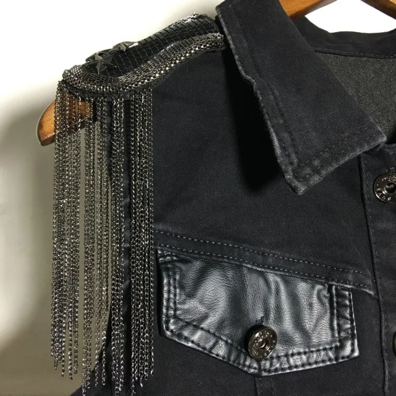 Жилет женский джинсовый без рукавов с бахромой эполетами на осень 2020 | Женская