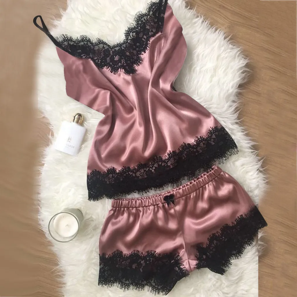 

Satin Pajamas Set Woman Lingerie Sexy Underwear Women Summer Nightdress Lace Patchwork Sexy V-Neck Nightgown Sleepwear Pyjamas