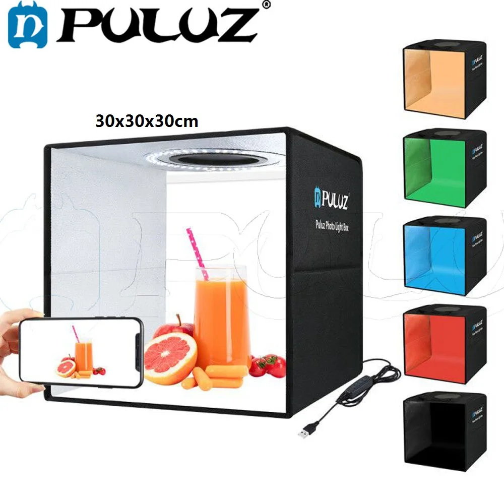 Caixa de Luz Puluz Lightbox Mini Dobrável Photo Studio Led Fotografia Estúdio Tiro Tenda Caixa Kit & 6 Cor Backdrops 30cm