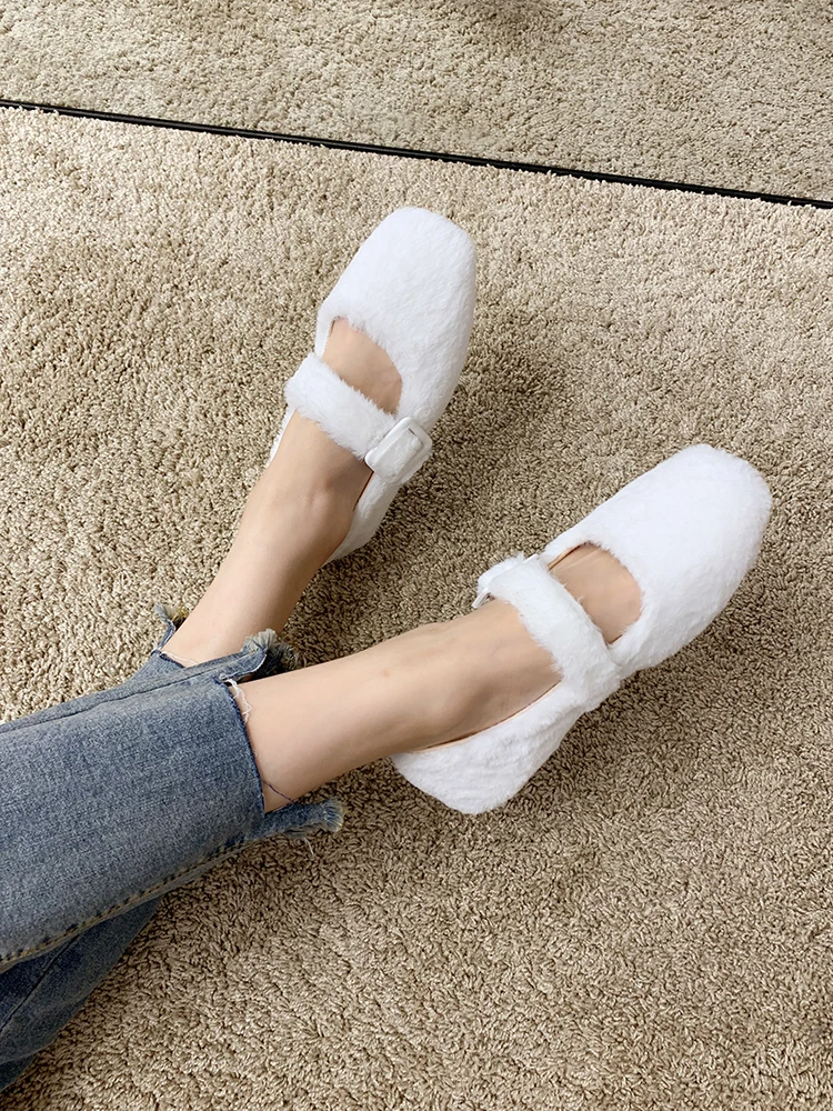 EOEODOIT Autumn Ballet Flats Shoes Casual Fur Shoes Square Toe Retro Fashion Women Lady Elegance Flat Heel Shoes