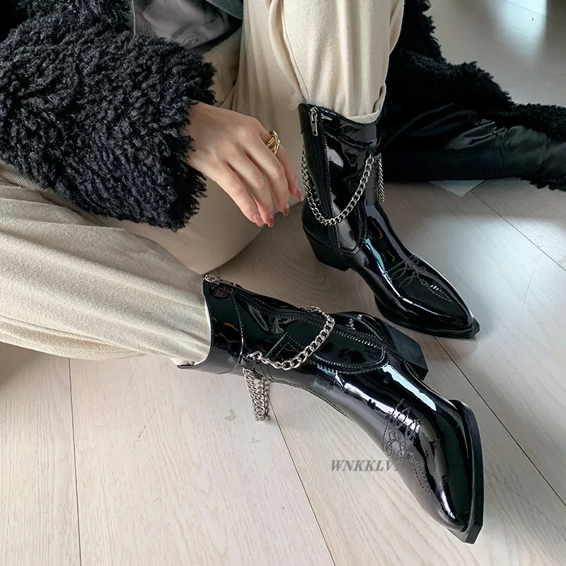 

Shiny leather Chunky mid heel martin boots women pointed toe metal chain decor ankle botas feminina winter westren cowboy boots
