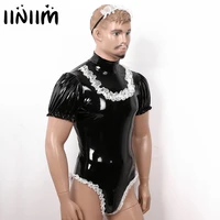 hot men adults sissy maid cosplay costume set wetook leather body latex parties puff sleeve leotard bodysuit with lace headband