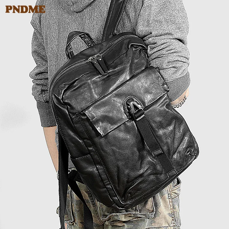 

PNDME casual high quality genuine leather men's women's backpack fashion soft cowhide luxury black teens travel laptop bagpack